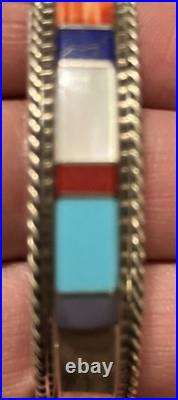 Francis Yazzie Navajo SS 925 Signed Turquoise Coral Shell Inlay Cuff Bracelet 6