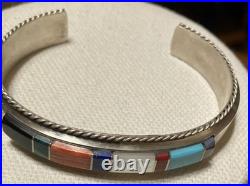 Francis Yazzie Navajo SS 925 Signed Turquoise Coral Shell Inlay Cuff Bracelet 6