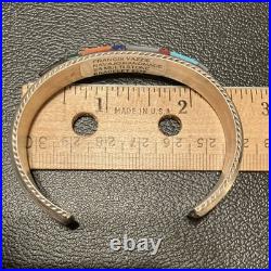 Francis Yazzie Navajo SS 925 Signed Turquoise Coral Shell Inlay Cuff Bracelet 6