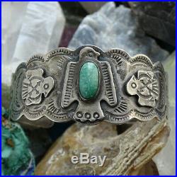 Fred Harvey Era Vintage Navajo Thunderbird Turquoise Cuff Bracelet Signed Ster