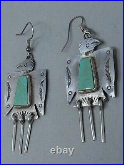 Fred Harvey Navajo Sterling Silver Turquoise Dangle Thunderbird Earrings