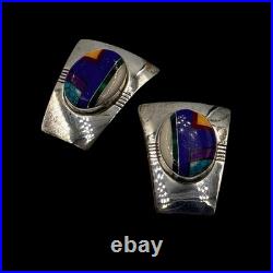Fred Maloney Navajo Sterling Silver Inlay Lapis Turquoise Signed Post Earrings