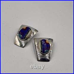 Fred Maloney Navajo Sterling Silver Inlay Lapis Turquoise Signed Post Earrings