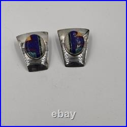 Fred Maloney Navajo Sterling Silver Inlay Lapis Turquoise Signed Post Earrings