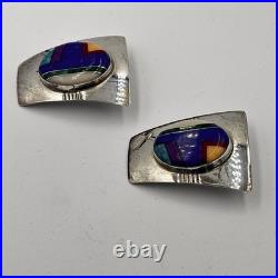 Fred Maloney Navajo Sterling Silver Inlay Lapis Turquoise Signed Post Earrings
