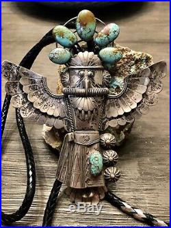 GIANT Old Pawn Navajo Sterling & Web #8 Turquoise Eagle Kachina 3D bolo tie 190G
