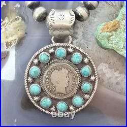 Genuine 1908 90% Silver Barber Head Dime Coin withMohave Turquoise Unisex Pendant