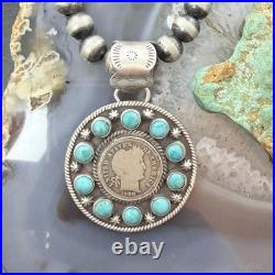 Genuine 1908 90% Silver Barber Head Dime Coin withMohave Turquoise Unisex Pendant