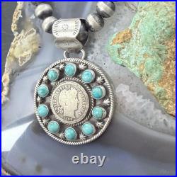Genuine 1908 90% Silver Barber Head Dime Coin withMohave Turquoise Unisex Pendant