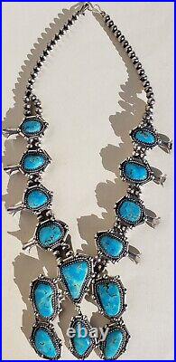 Genuine Vintage Navajo Sterling Silver Turquoise Squash Blossom Necklace 70's