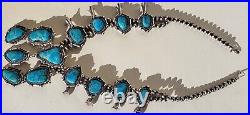 Genuine Vintage Navajo Sterling Silver Turquoise Squash Blossom Necklace 70's