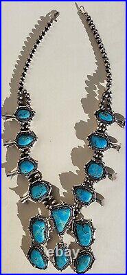 Genuine Vintage Navajo Sterling Silver Turquoise Squash Blossom Necklace 70's