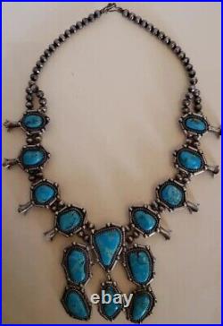 Genuine Vintage Navajo Sterling Silver Turquoise Squash Blossom Necklace 70's