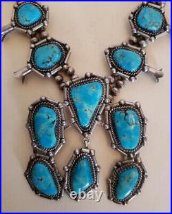 Genuine Vintage Navajo Sterling Silver Turquoise Squash Blossom Necklace 70's