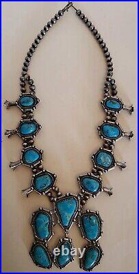 Genuine Vintage Navajo Sterling Silver Turquoise Squash Blossom Necklace 70's