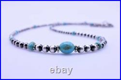 Graduated Blue Kingman Turquoise & Sterling Silver Navajo Pearl Beaded Necklace