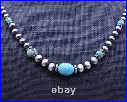 Graduated Blue Kingman Turquoise & Sterling Silver Navajo Pearl Beaded Necklace