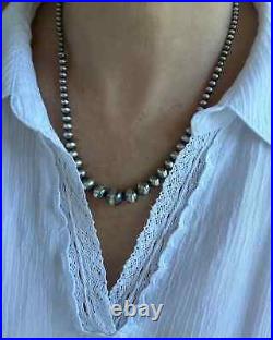 Graduated Sterling Silver Navajo Pearls Necklace, Large 12mm 4mm Beaded Choker