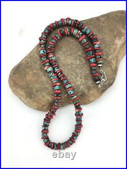 Green Turquoise & Coral Navajo Sterling Silver Heishi Necklace 20 1266