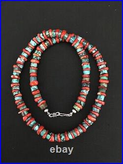 Green Turquoise & Coral Navajo Sterling Silver Heishi Necklace 20 1266
