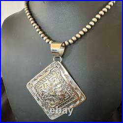 H Joe Handmade Stamped Pendant Navajo Sterling Silver Necklace 3.5 18981