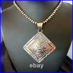 H Joe Handmade Stamped Pendant Navajo Sterling Silver Necklace 3.5 18981