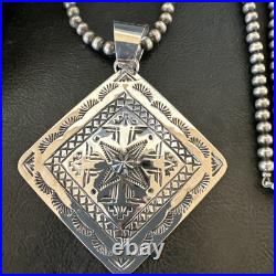 H Joe Handmade Stamped Pendant Navajo Sterling Silver Necklace 3.5 18981