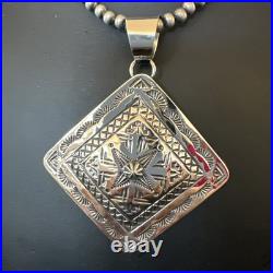H Joe Handmade Stamped Pendant Navajo Sterling Silver Necklace 3.5 18981
