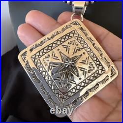 H Joe Handmade Stamped Pendant Navajo Sterling Silver Necklace 3.5 18981