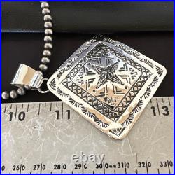 H Joe Handmade Stamped Pendant Navajo Sterling Silver Necklace 3.5 18981