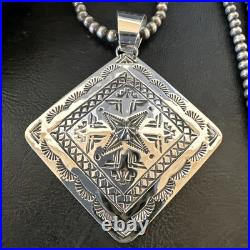 H Joe Handmade Stamped Pendant Navajo Sterling Silver Necklace 3.5 18981