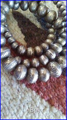 HANDMADE GRADUATED STAMPED NAVAJO PEARL STERLING SILVER 30 (80 beads) NECKLACE