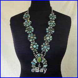 HUGE Carico Lake and Fox TURQUOISE Cluster NAVAJO SQUASH BLOSSOM Necklace 316g