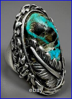 HUGE HEAVY Vintage Navajo Sterling Silver Blue Diamond Turquoise Ring UNUSUAL