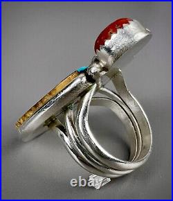 HUGE LONG Vintage Navajo Sterling Silver Kingman Turquoise Coral Ring VERY RARE