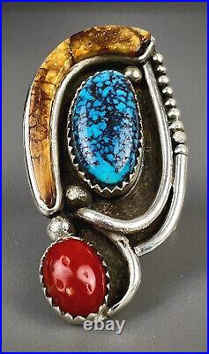 HUGE LONG Vintage Navajo Sterling Silver Kingman Turquoise Coral Ring VERY RARE