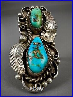 HUGE LONG Vintage Navajo Sterling Silver Morenci Turquoise Ring Stunning Detail