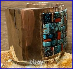 HUGE Navajo Ernest Begay Sterling Turquoise Coral Cobblestone Cuff Bracelet 147G