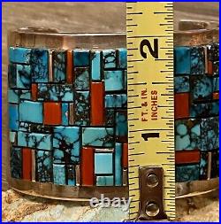 HUGE Navajo Ernest Begay Sterling Turquoise Coral Cobblestone Cuff Bracelet 147G