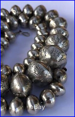 HUGE Navajo Sterling Silver Graduated Stamped Bench Bead Pearls Necklace 27.5