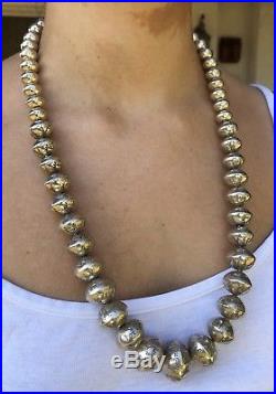 HUGE Navajo Sterling Silver Graduated Stamped Bench Bead Pearls Necklace 27.5