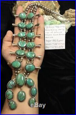 HUGE! OLD PAWN, Sterling Silver & GEM Turquoise Squash Blossom Necklace, 182.3g