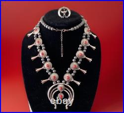 HUGE RED CORAL Necklace 40 Ring Sz 6 Set Silvertone Squash Blossom 112g Adjusts