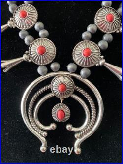 HUGE RED CORAL Necklace 40 Ring Sz 6 Set Silvertone Squash Blossom 112g Adjusts