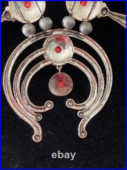 HUGE RED CORAL Necklace 40 Ring Sz 6 Set Silvertone Squash Blossom 112g Adjusts