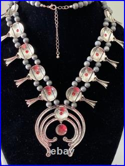 HUGE RED CORAL Necklace 40 Ring Sz 6 Set Silvertone Squash Blossom 112g Adjusts