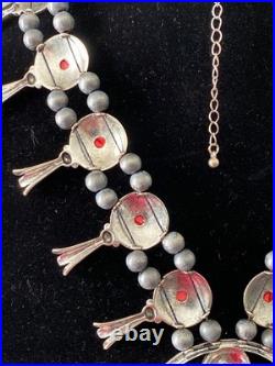 HUGE RED CORAL Necklace 40 Ring Sz 6 Set Silvertone Squash Blossom 112g Adjusts