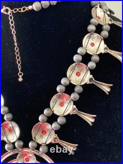 HUGE RED CORAL Necklace 40 Ring Sz 6 Set Silvertone Squash Blossom 112g Adjusts