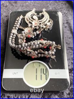 HUGE RED CORAL Necklace 40 Ring Sz 6 Set Silvertone Squash Blossom 112g Adjusts