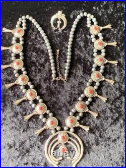 HUGE RED CORAL Necklace 40 Ring Sz 6 Set Silvertone Squash Blossom 112g Adjusts